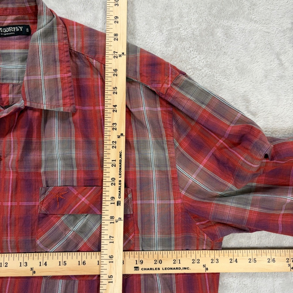 Dragonfly Edward Dada Mens XXL Red Plaid Hot Rod Embroidered Button Shirt - Picture 5 of 7